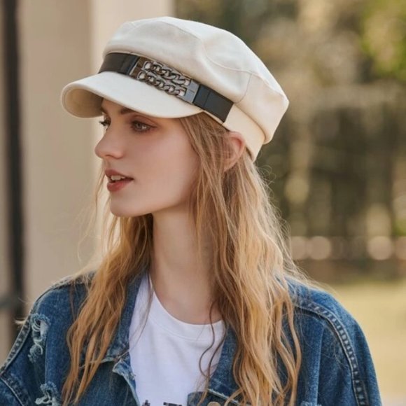 Accessories - White Women's Beret Hat w/‎ Chain Decorated Peaked Cap Newspaper Hat Vintage
